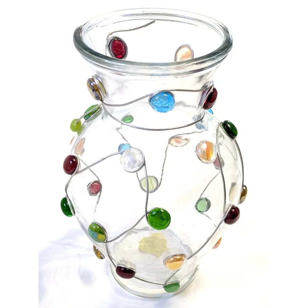 Indiana Glass Betta Fish Vase Crystal Wire Wrapped Colorful Gems 30534 11.5 Inch